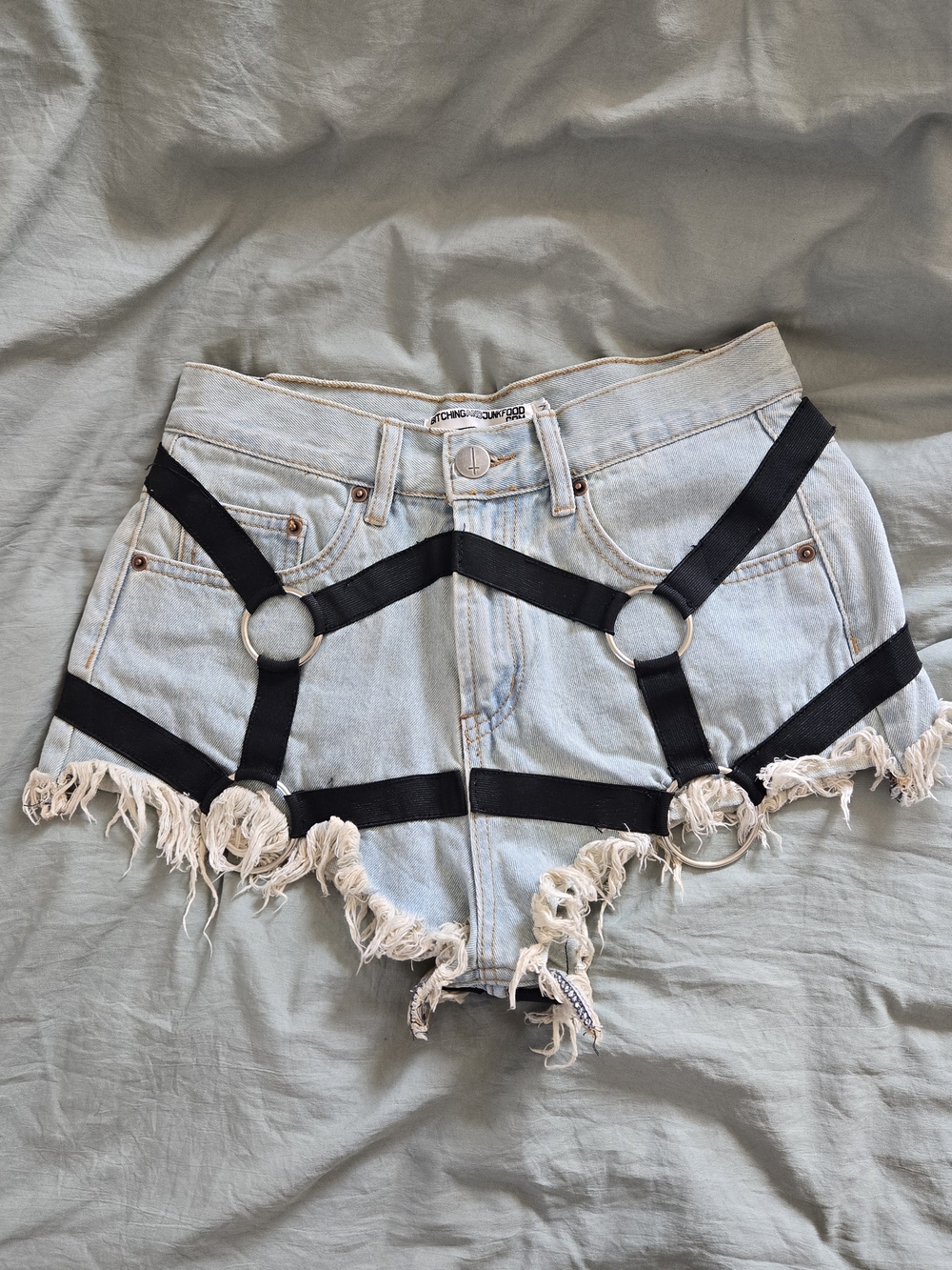 Bitchingandjunkfood.com Light Blue Denim Shorts with Harness Details